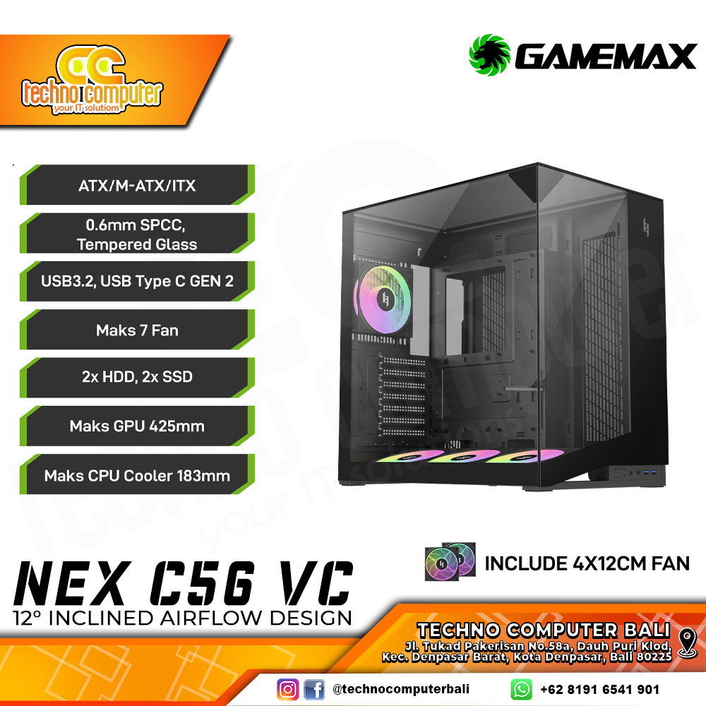 CASING GAMEMAX NEX C56 VC (Glass) Black - Mid Tower ATX Case Tempered Glass (Free 4x ARGB Fan)