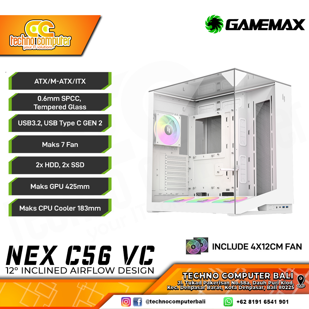 CASING GAMEMAX NEX C56 VC (Glass) White - Mid Tower ATX Case Tempered Glass (Free 4x ARGB Fan)