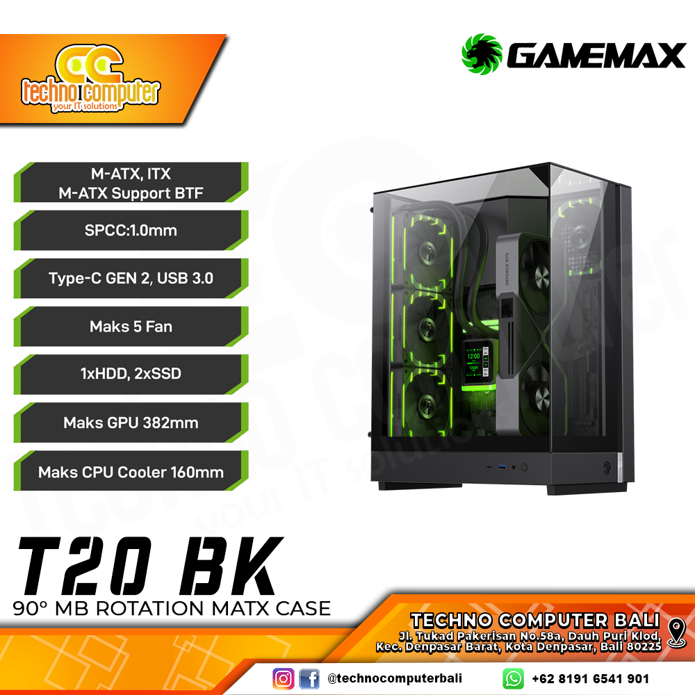 CASING GAMEMAX T20 Black - Mid Tower mATX Case Tempered Glass (Free 2x ARGB Fan)