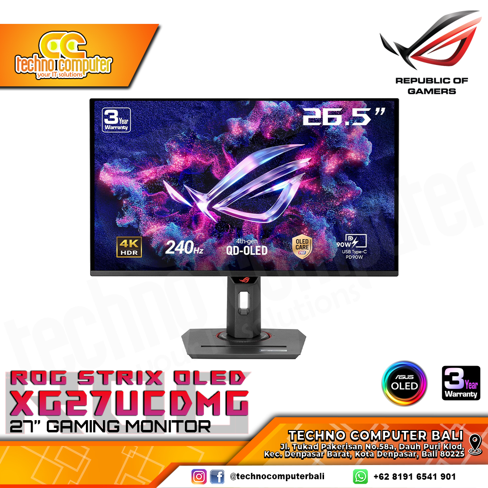 ASUS ROG Strix OLED XG27UCDMG Gaming Monitor - 27 inch, 4K (3840x2160), QD-OLED, 240Hz, 0.03ms
