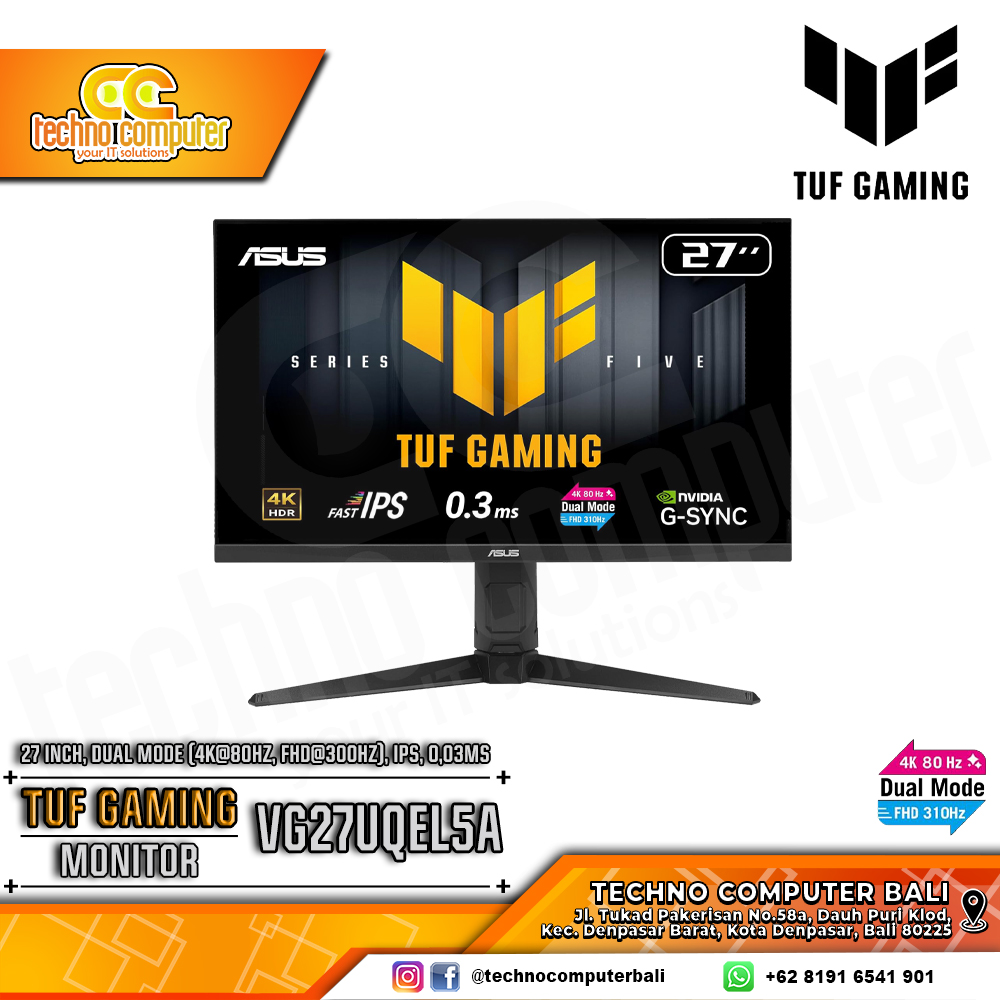 ASUS TUF GAMING VG27UQEL5A Gaming Monitor - 27 inch, Dual Mode (4K@80Hz, FHD@300Hz), IPS, 0,03ms