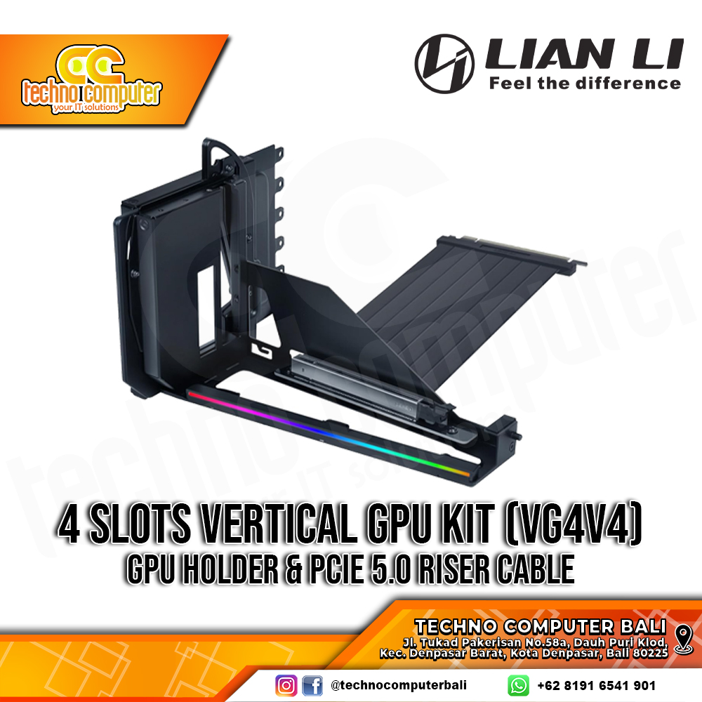 LIAN LI 4 Slots Vertical GPU Bracket Kit Black - GPU Holder & PCIe 5.0 Riser Cable