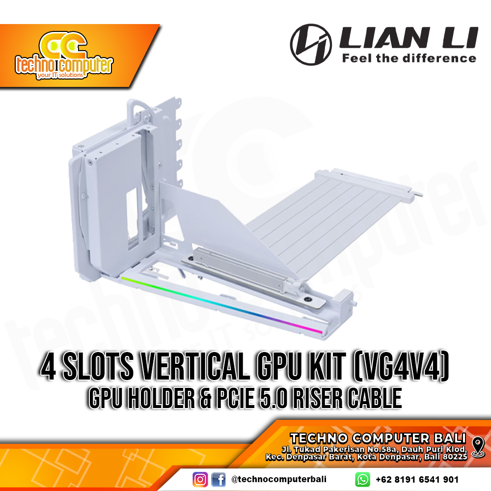 LIAN LI 4 Slots Vertical GPU Bracket Kit White - GPU Holder & PCIe 5.0 Riser Cable