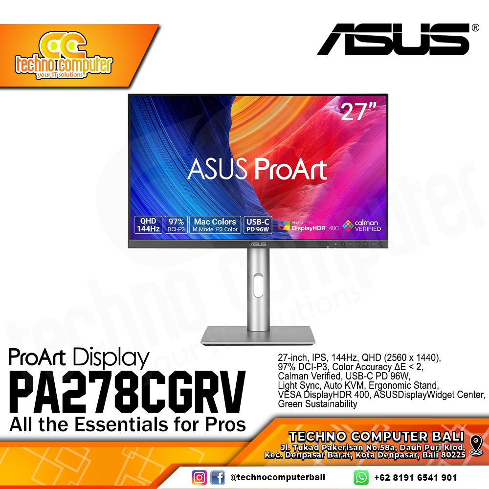 ASUS ProArt PA278CGRV Professional Monitor - 27 inch, QHD (2560 x 1440), IPS, 100% sRGB