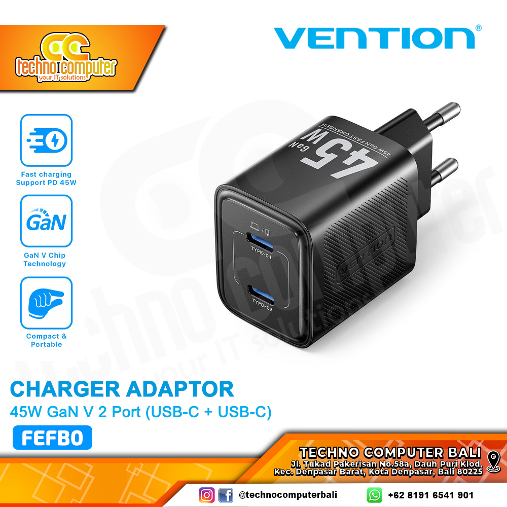 VENTION ADAPTOR CHARGER GaN V 2 Port (USB-C + USB-C) 45W - FEFB0 BLACK
