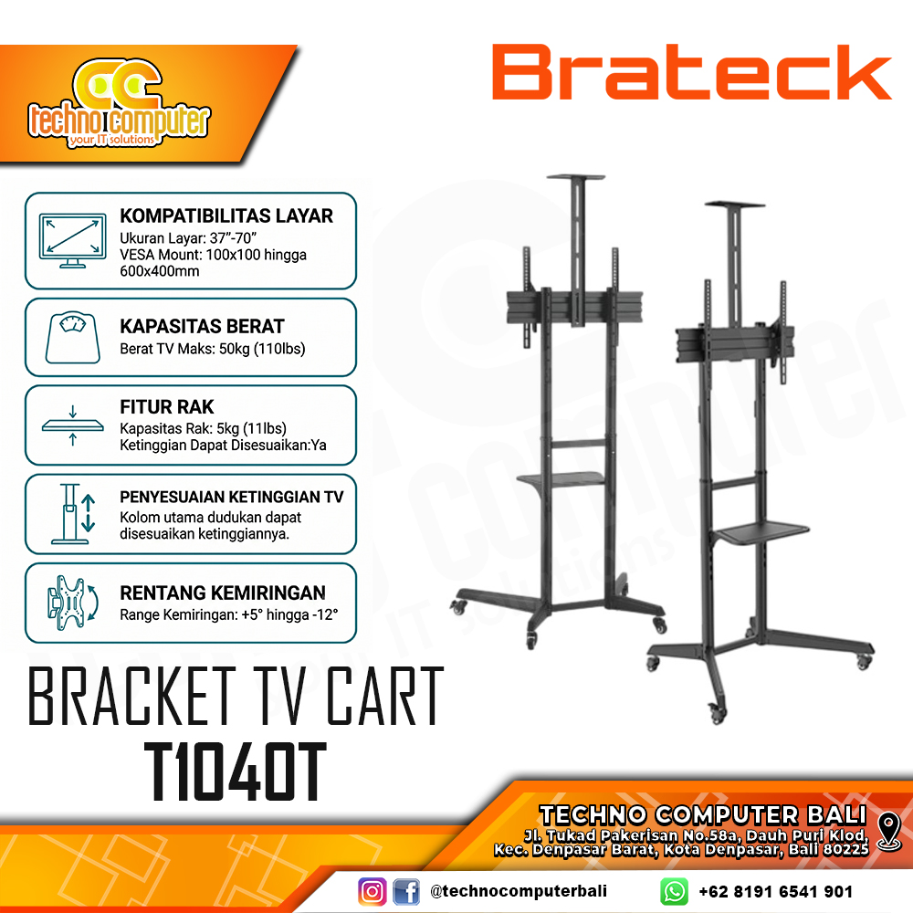 Bracket Monitor TV 37-70inch BRATECK T1040T Versatile & Compact Steel TV Cart