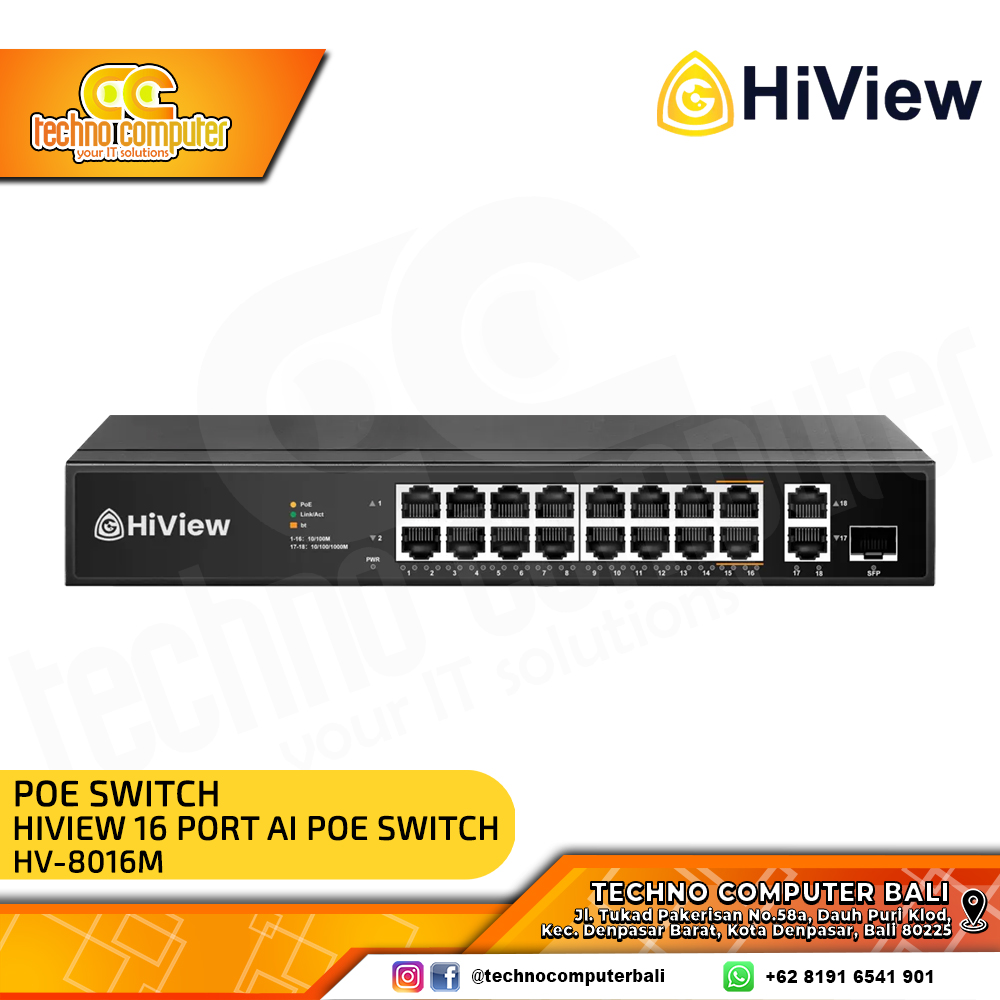 SWITCH POE HIVIEW HV-8016M 16 Port PoE Switch + 2 Uplink Gigabit AI POE Switch
