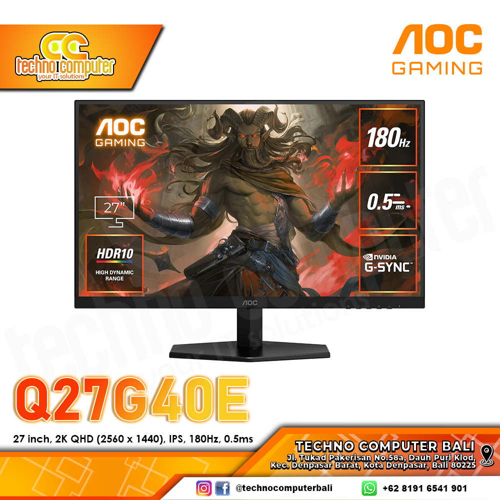 AOC Q27G40E Gaming Monitor - 27 inch, 2K QHD (2560 x 1440), IPS, 180Hz, 0.5ms