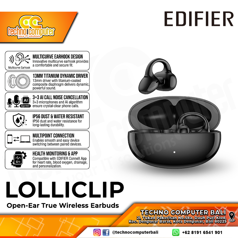 EARPHONE TWS EDIFIER LOLLICLIP Open-ear True Wireless Earbuds Black - Wireless Earphone